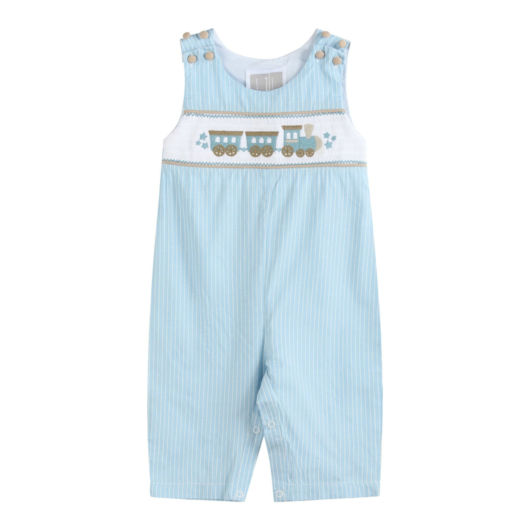 Blue Gingham Train Smocked Overalls