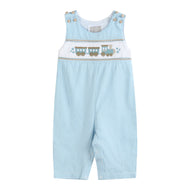 Blue Gingham Train Smocked Overalls