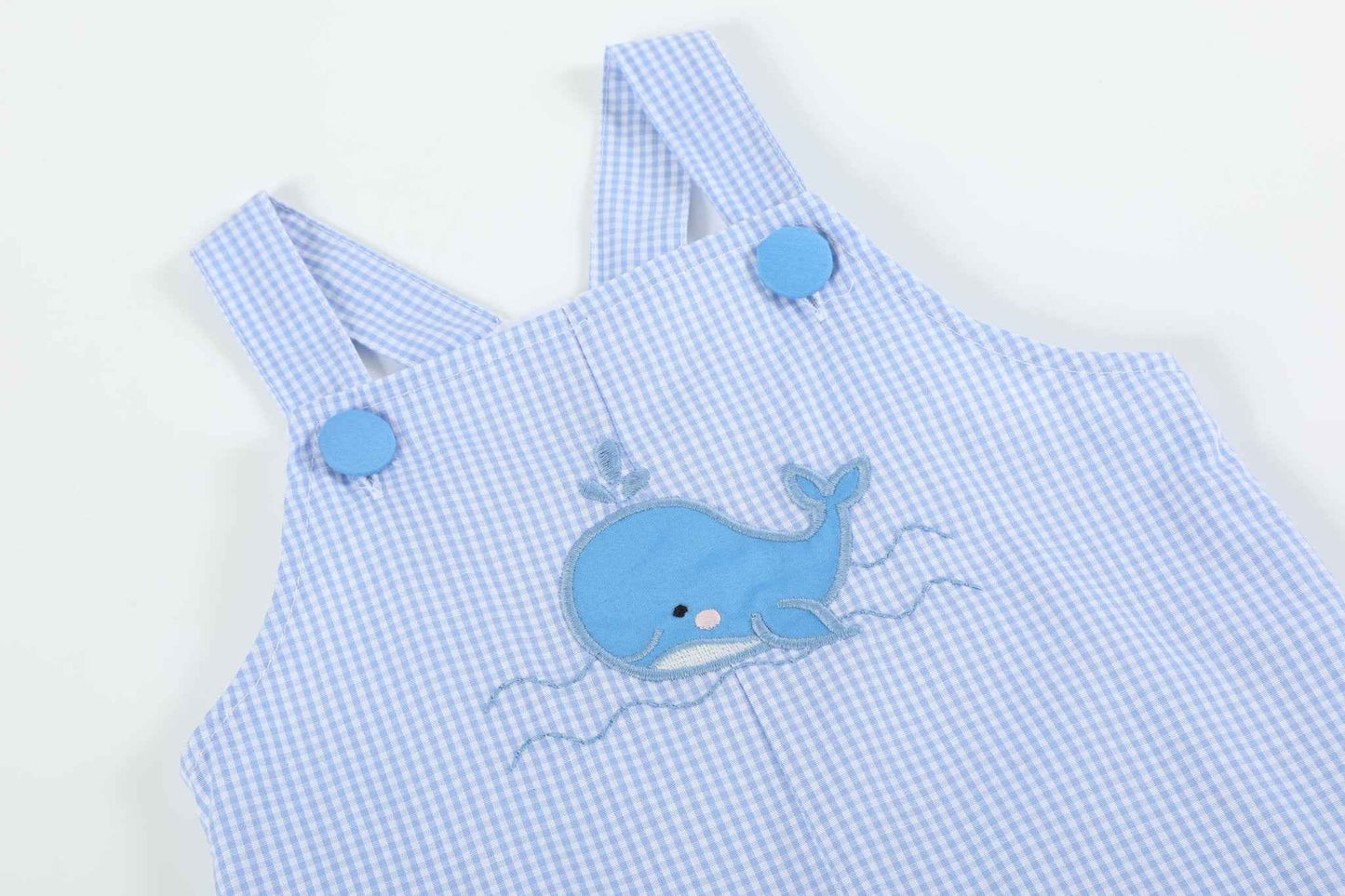 Blue Gingham Whale Overall Shortalls - Abbies Place