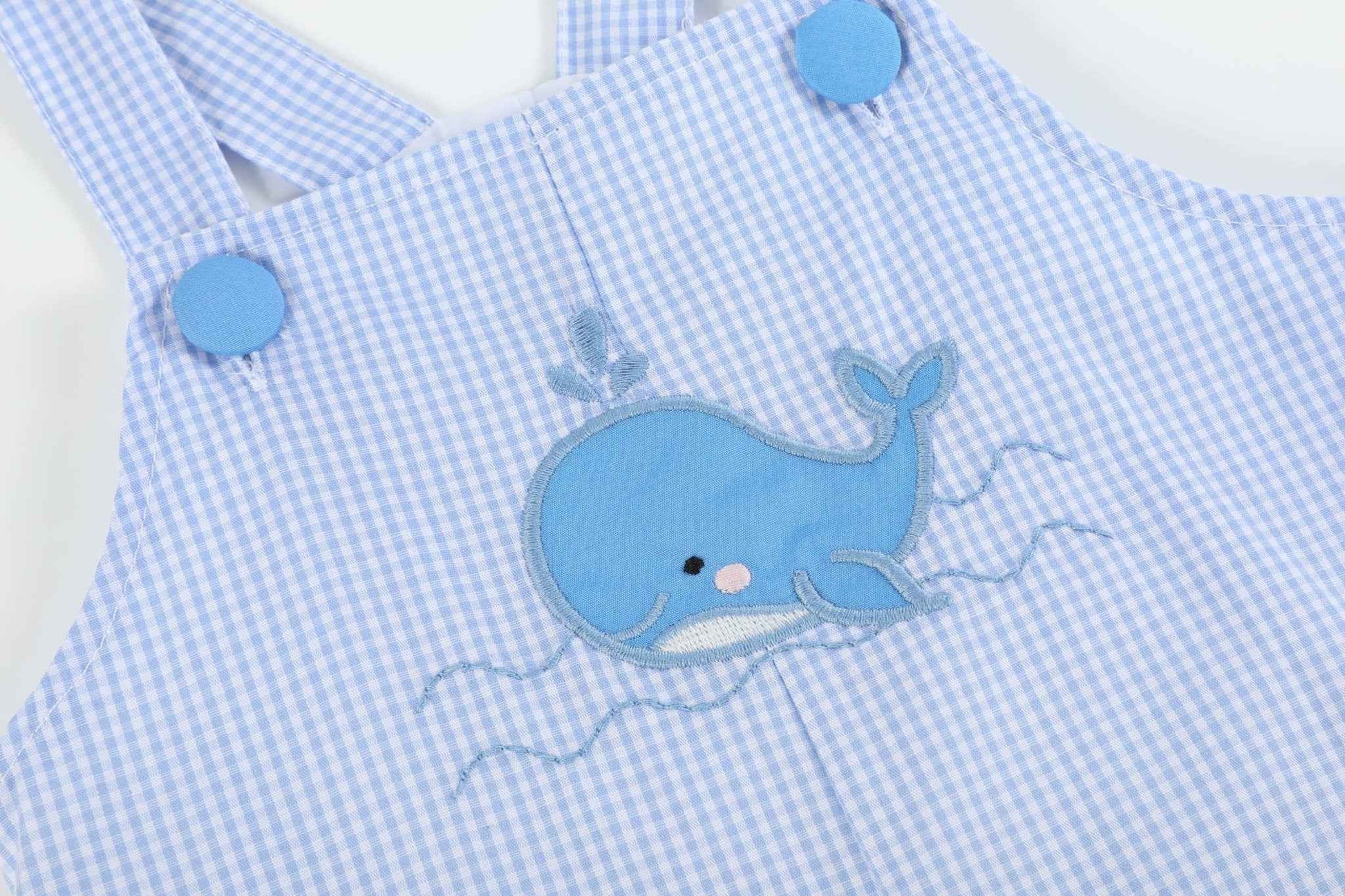Blue Gingham Whale Overall Shortalls - Abbies Place