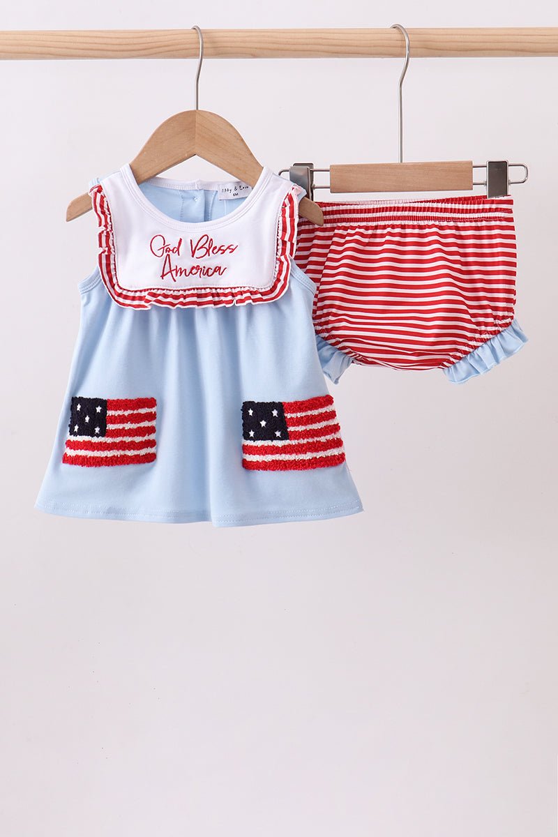 Blue god bless America flag french knot ruffle bloomer set - Abbies Place