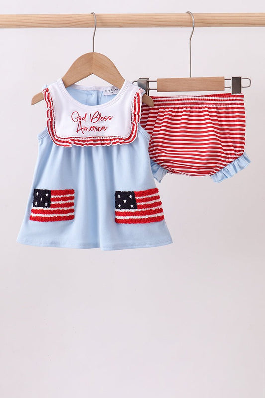 Blue god bless America flag french knot ruffle bloomer set - Abbies Place