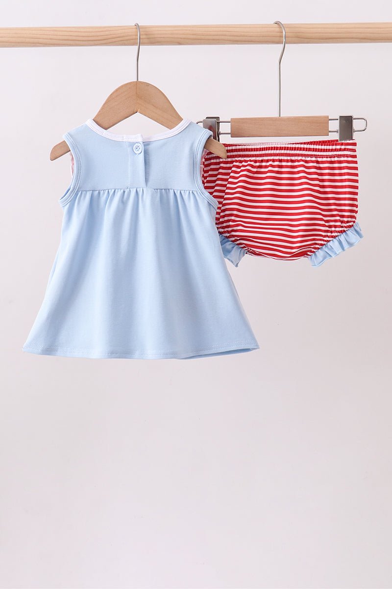 Blue god bless America flag french knot ruffle bloomer set - Abbies Place