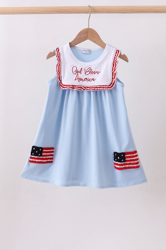 Blue god bless America flag french knot ruffle dress - Abbies Place