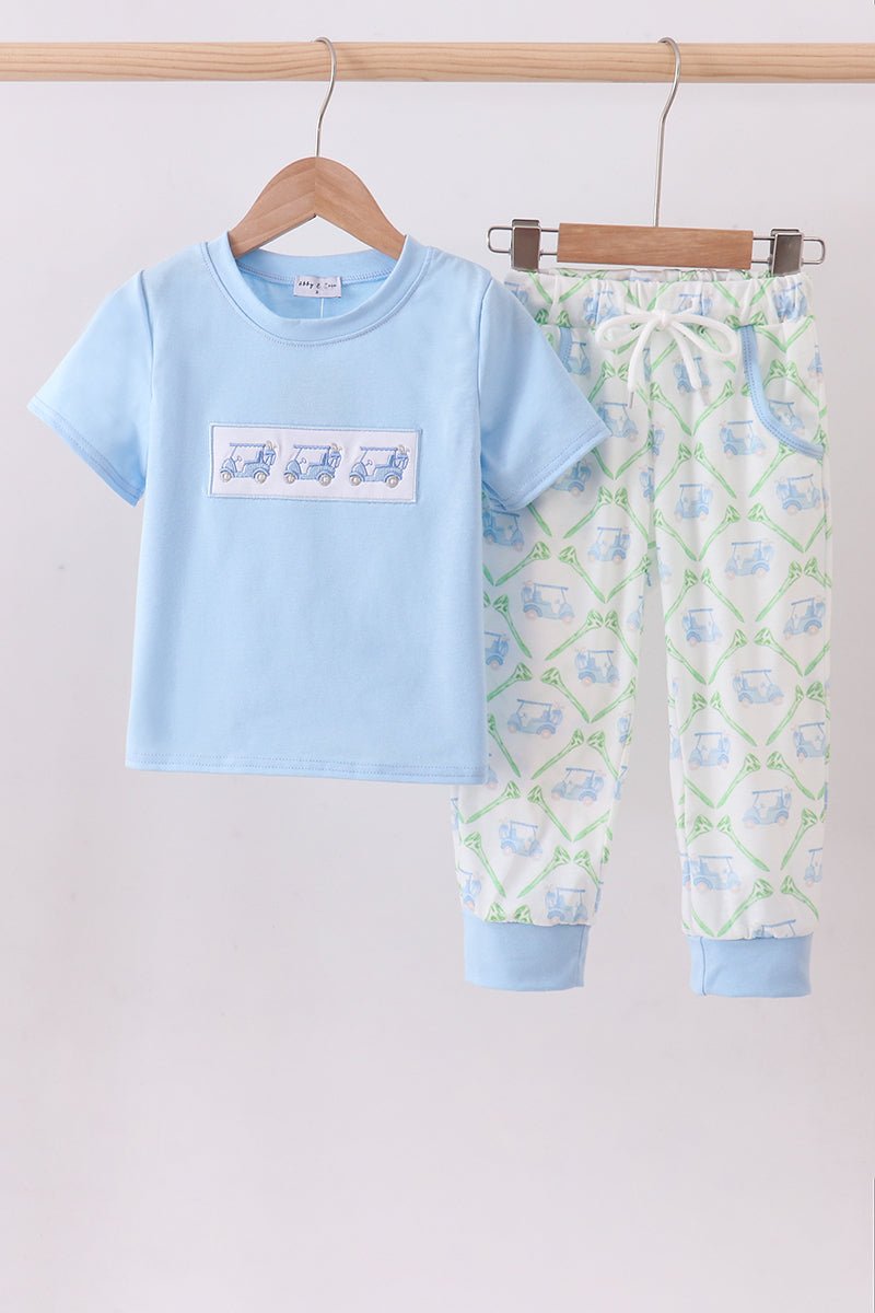 Blue golf cart embroidery pants set - Abbies Place