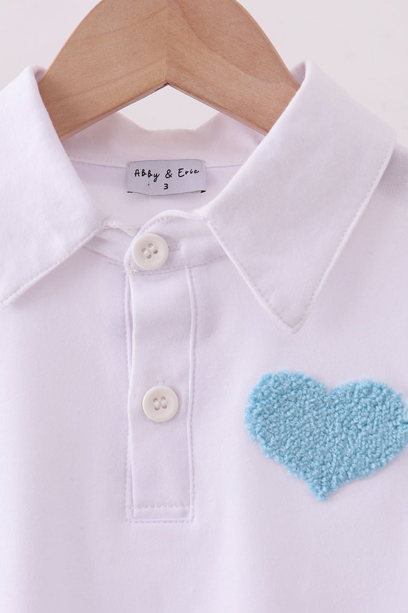 Blue heart french knot button down top - Abbies Place