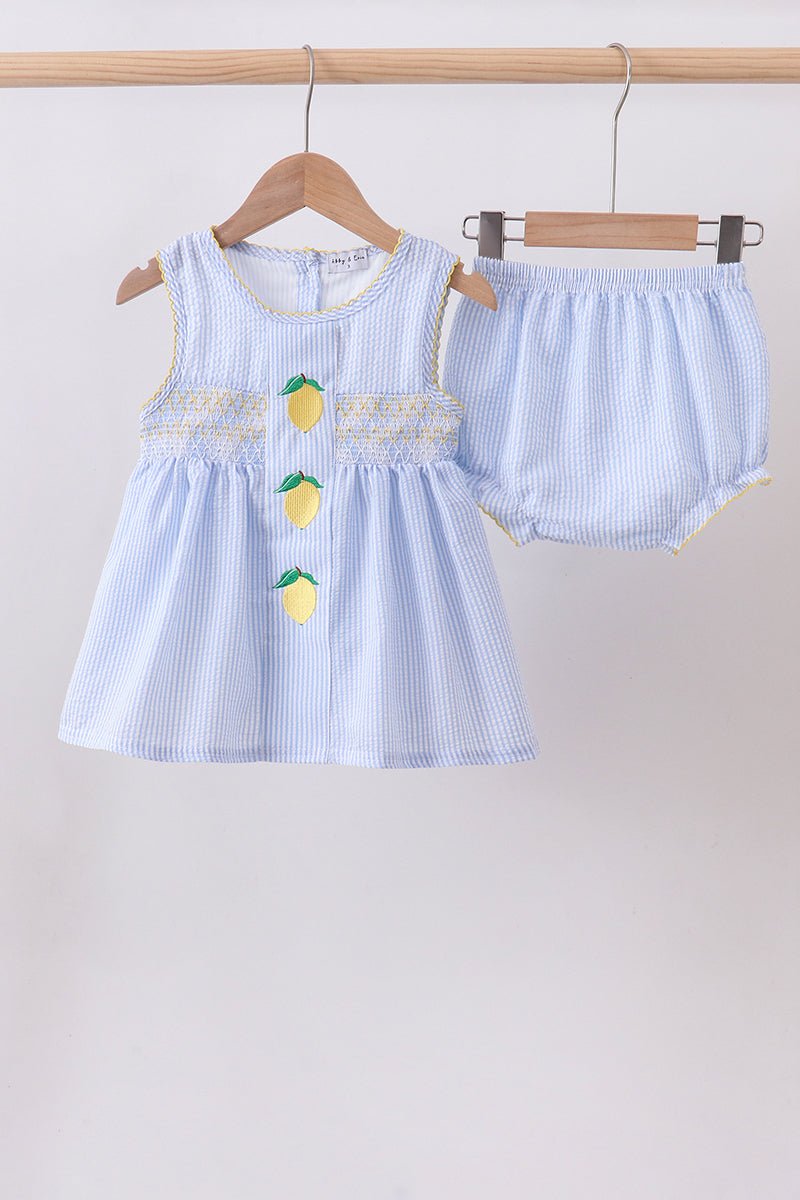 Blue lemon embroidery seersucker bloomer set - Abbies Place