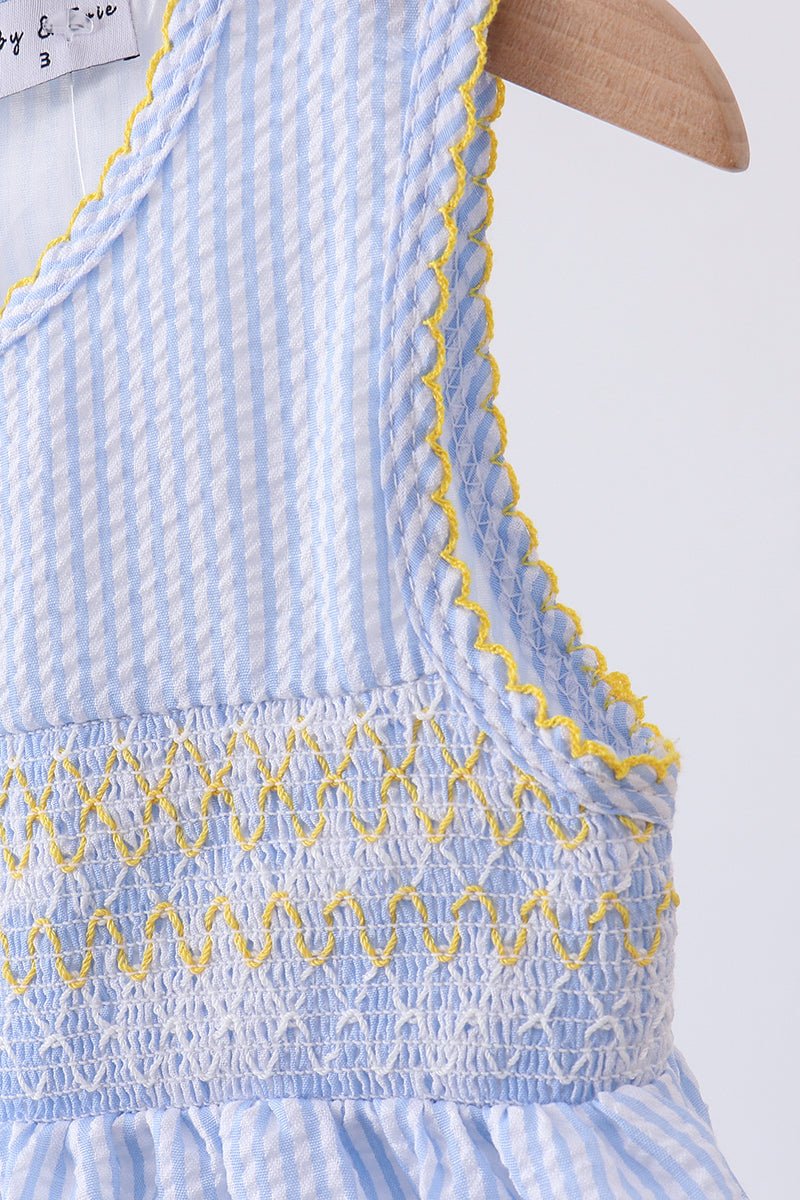 Blue lemon embroidery seersucker dress - Abbies Place