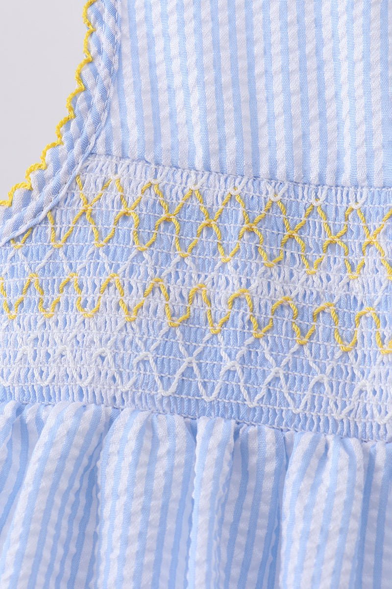 Blue lemon embroidery seersucker dress - Abbies Place