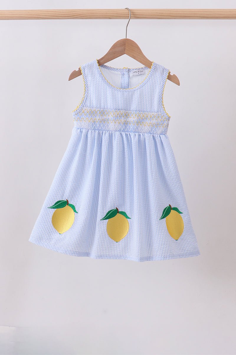 Blue lemon embroidery seersucker dress - Abbies Place