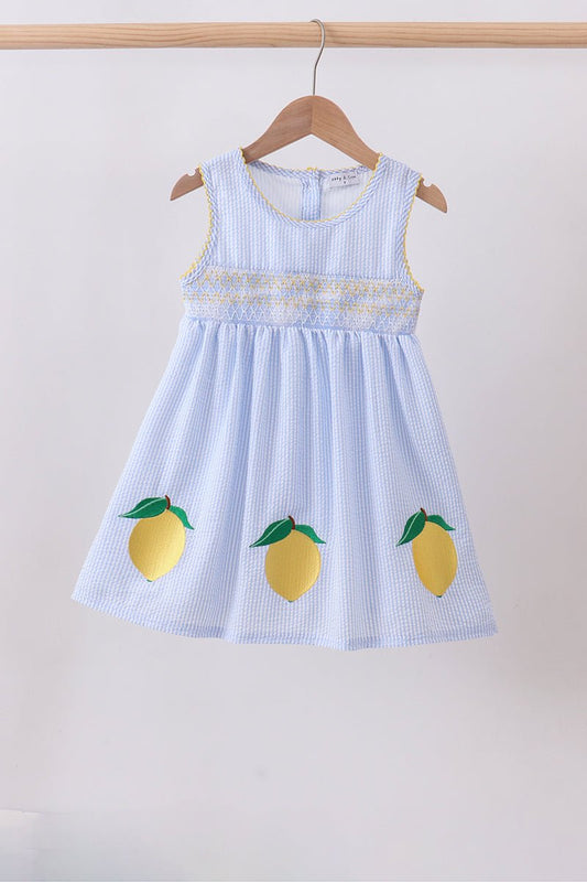 Blue lemon embroidery seersucker dress - Abbies Place