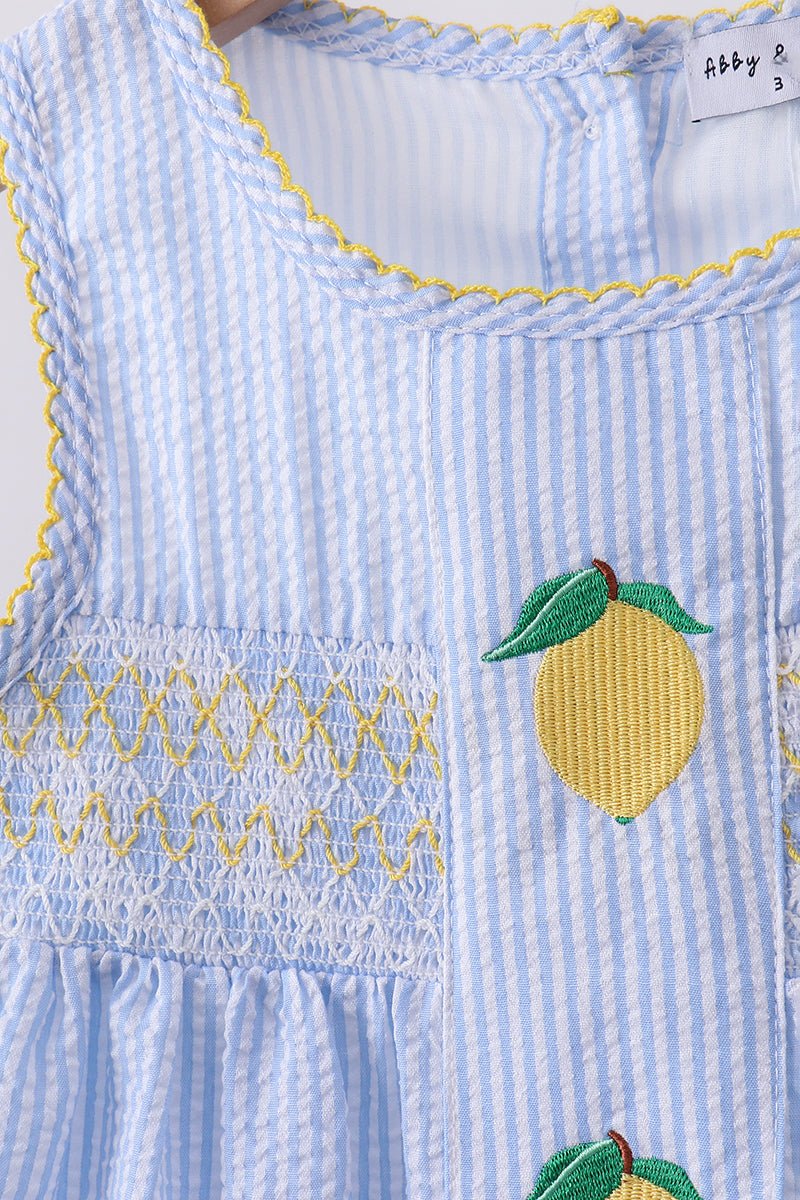 Blue lemon embroidery seersucker ruffle shorts set - Abbies Place