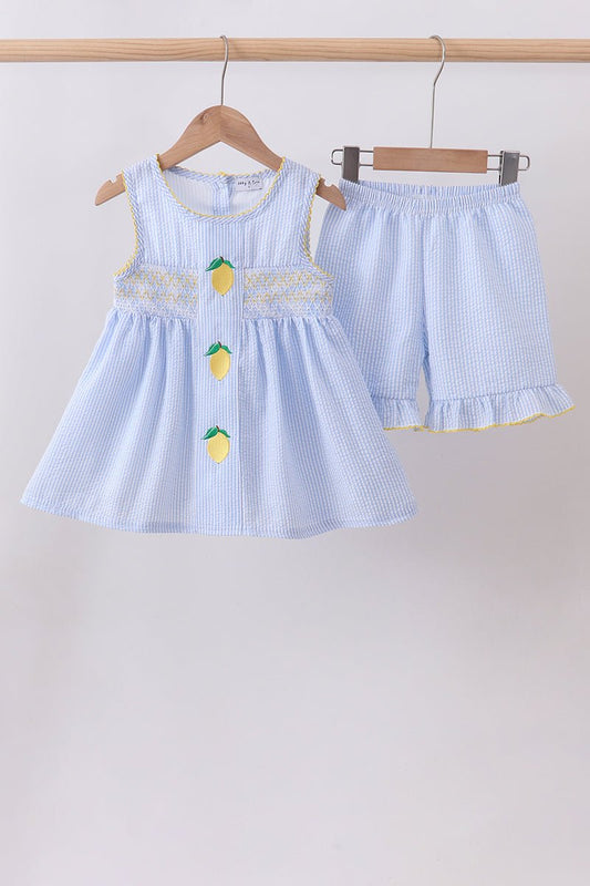 Blue lemon embroidery seersucker ruffle shorts set - Abbies Place
