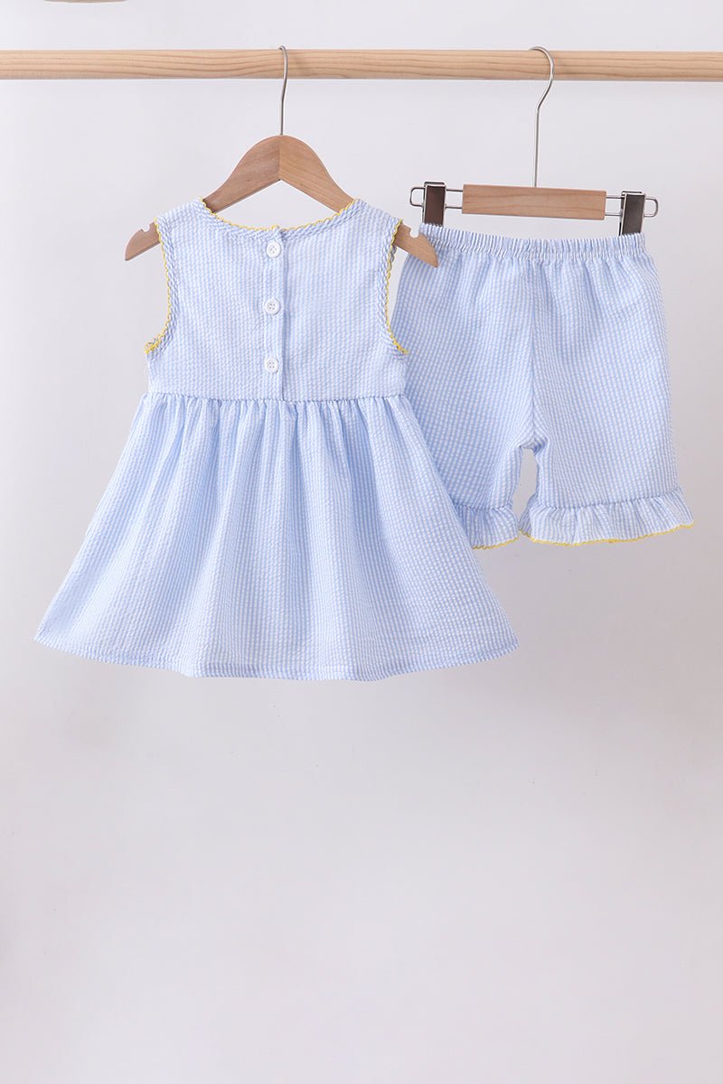 Blue lemon embroidery seersucker ruffle shorts set - Abbies Place