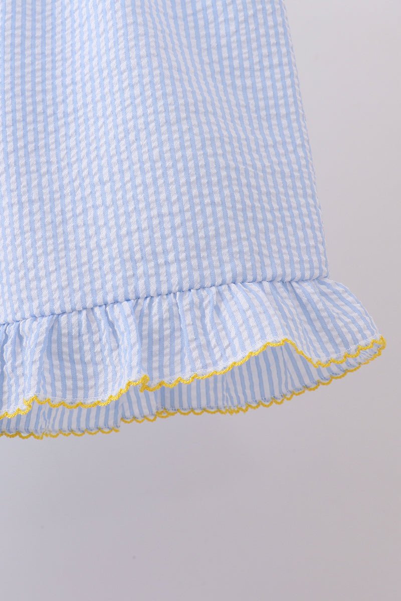 Blue lemon embroidery seersucker ruffle shorts set - Abbies Place