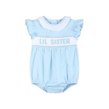 Load image into Gallery viewer, Blue Lil Sister Smocked Romper
