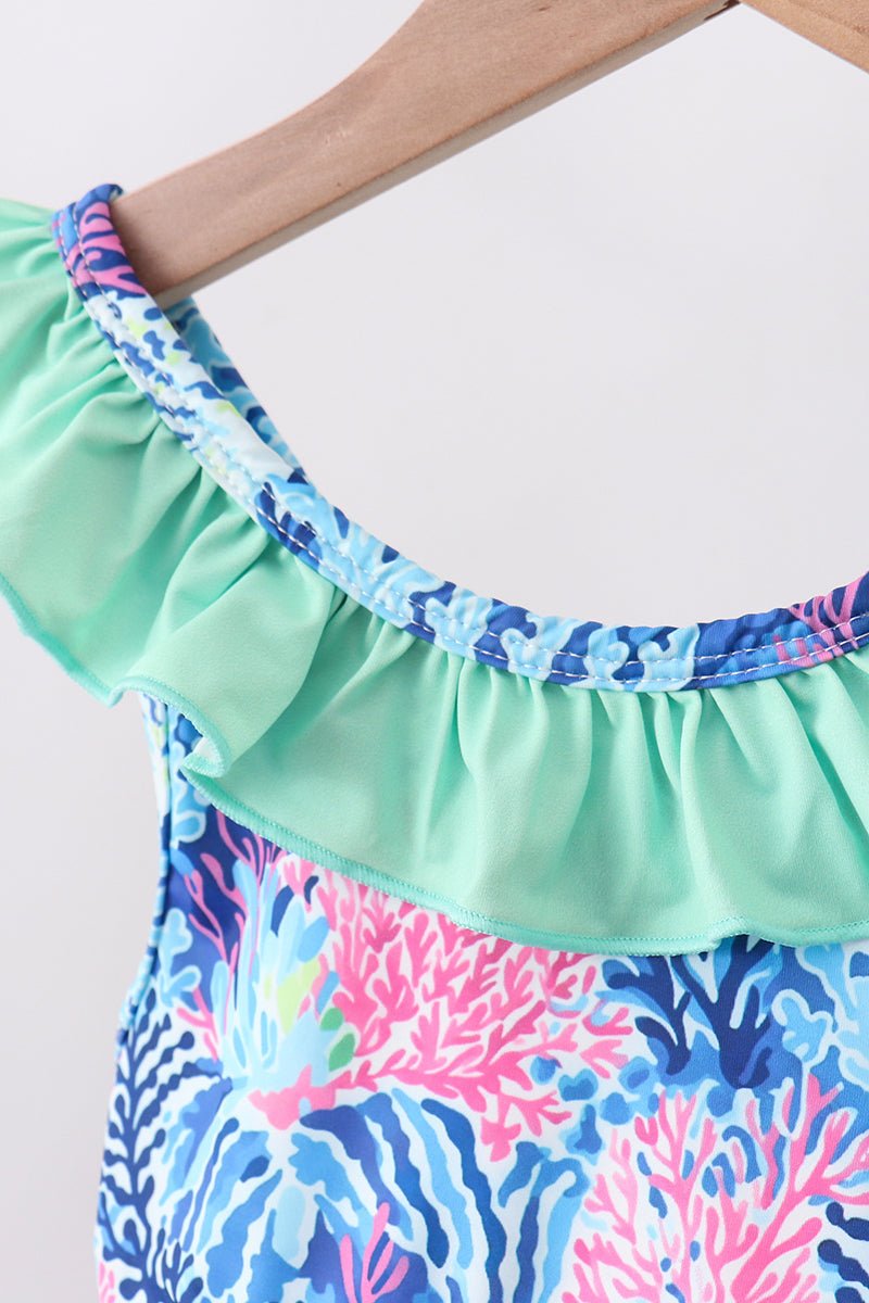 Blue marine creature print ruffle 2pc swimsuit - Abbies Place