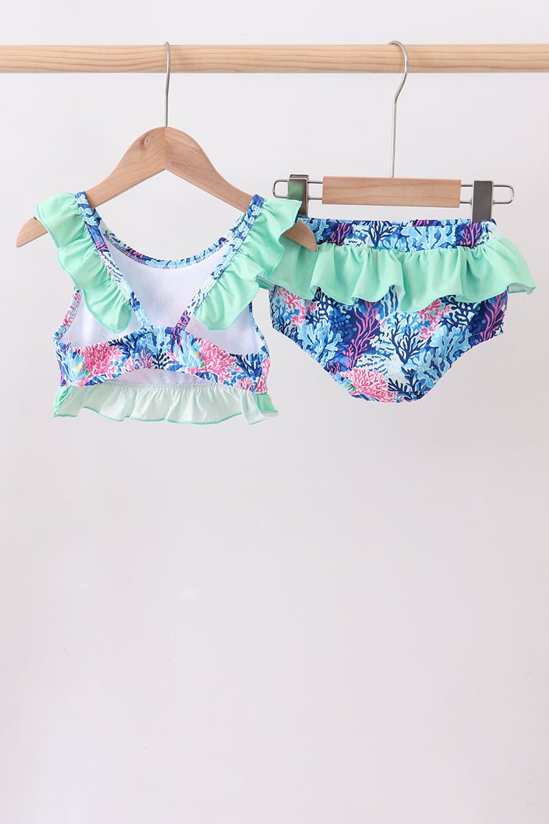Blue marine creature print ruffle 2pc swimsuit - Abbies Place