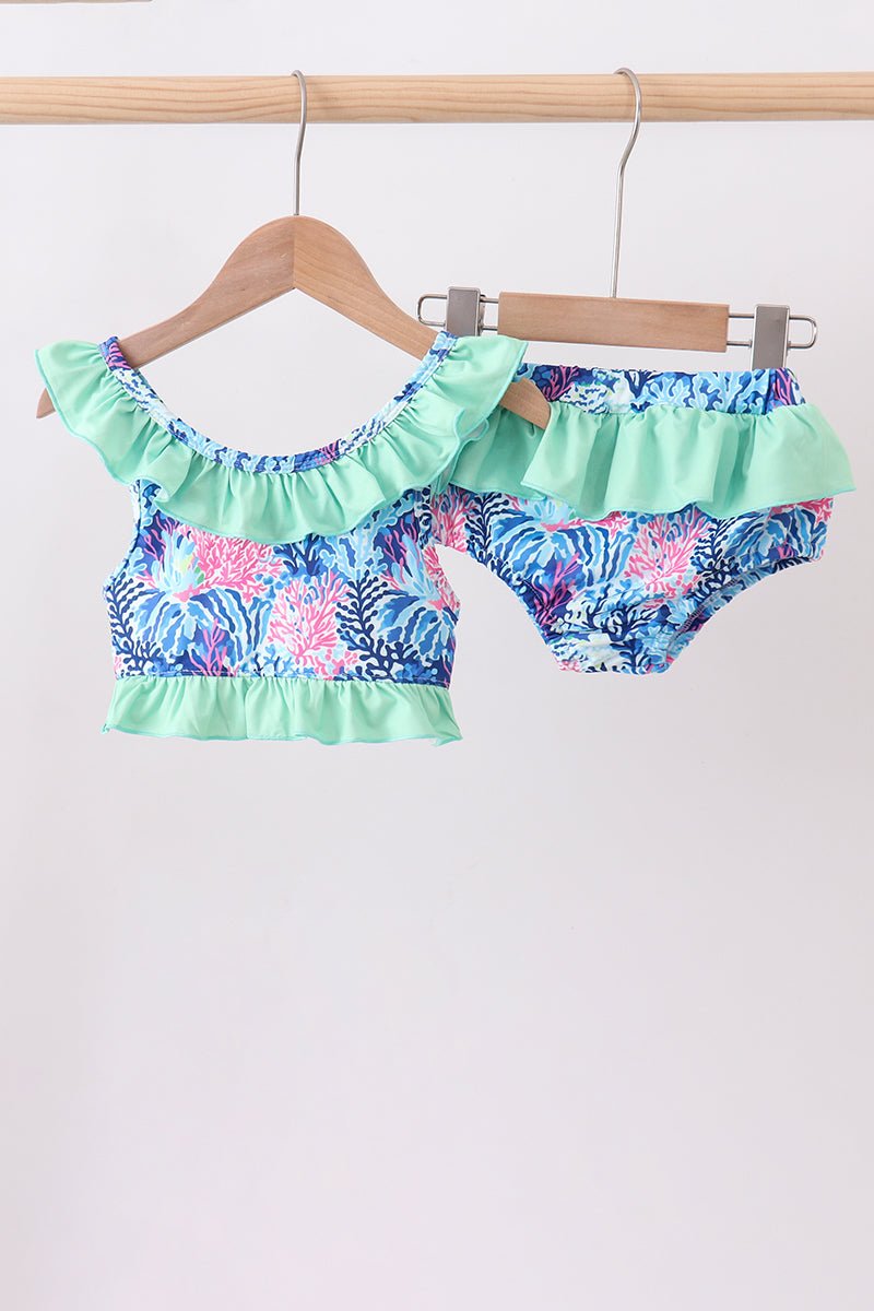 Blue marine creature print ruffle 2pc swimsuit - Abbies Place