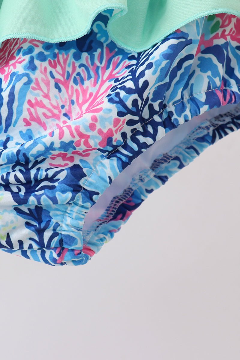 Blue marine creature print ruffle 2pc swimsuit - Abbies Place