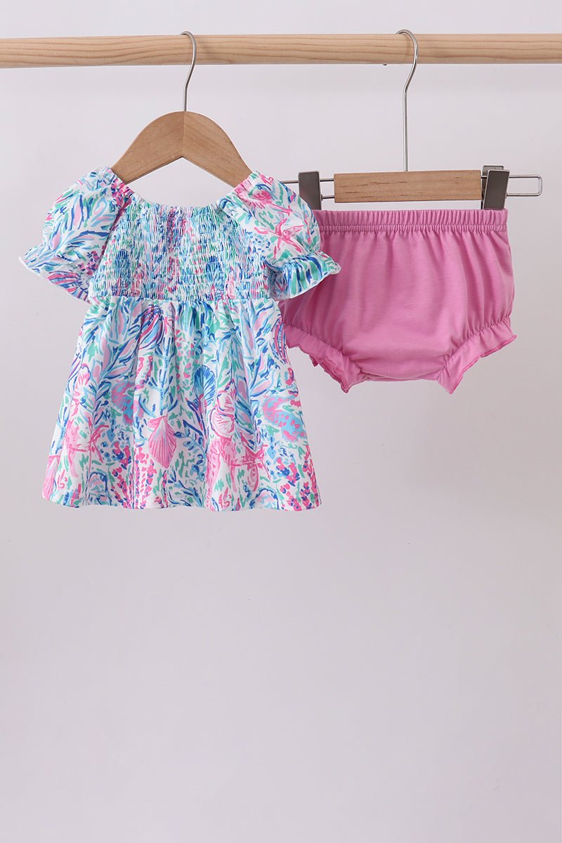 Blue marine smocked ruffle bloomer set - Abbies Place