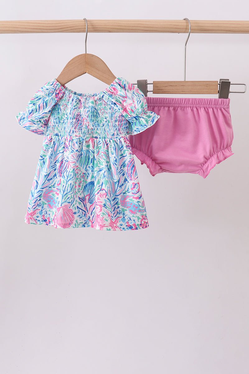 Blue marine smocked ruffle bloomer set - Abbies Place