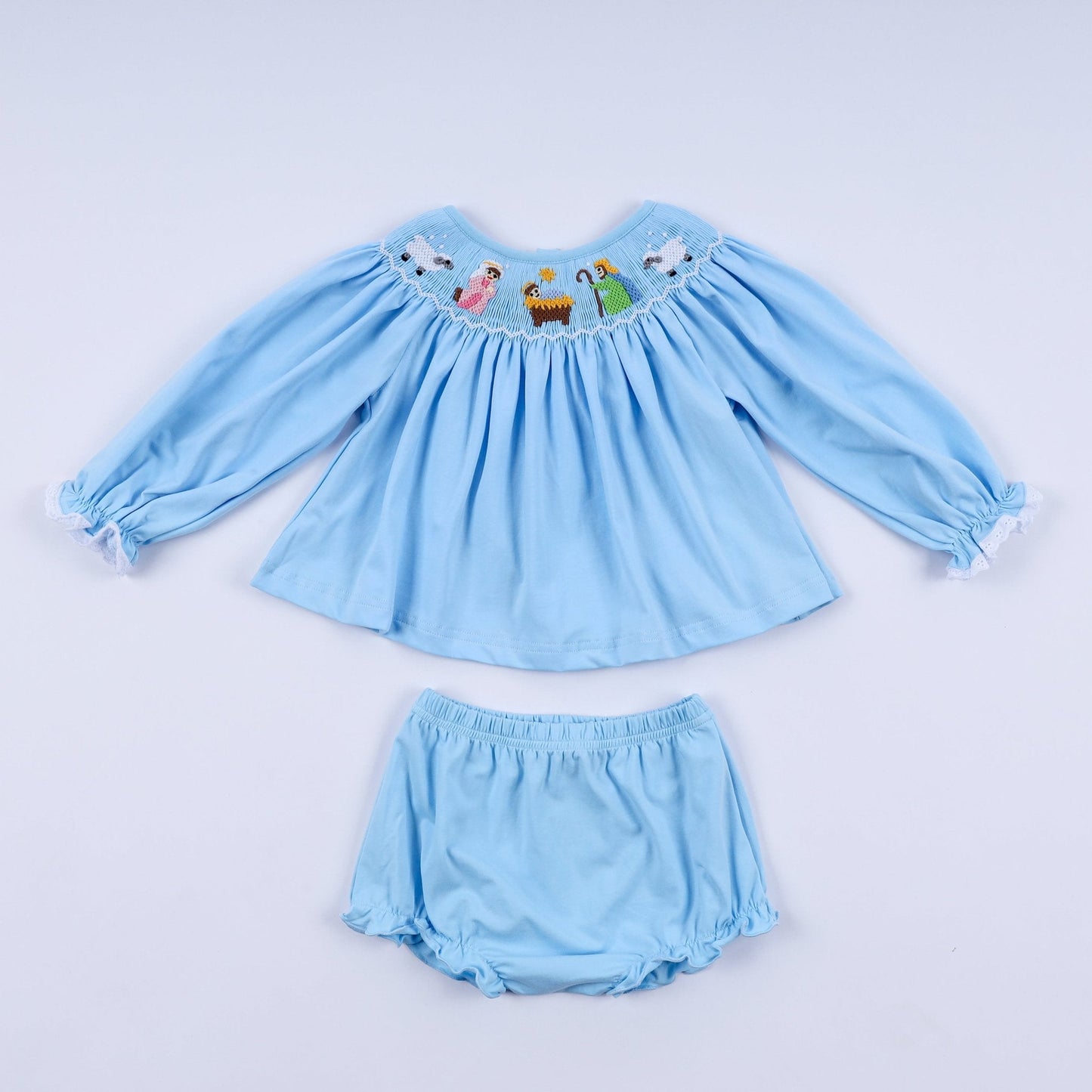 Blue nativity hand smocked bloomer set - Abbies Place