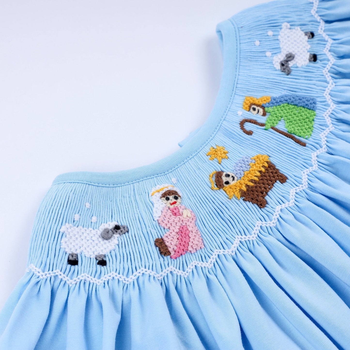 Blue nativity hand smocked bloomer set - Abbies Place