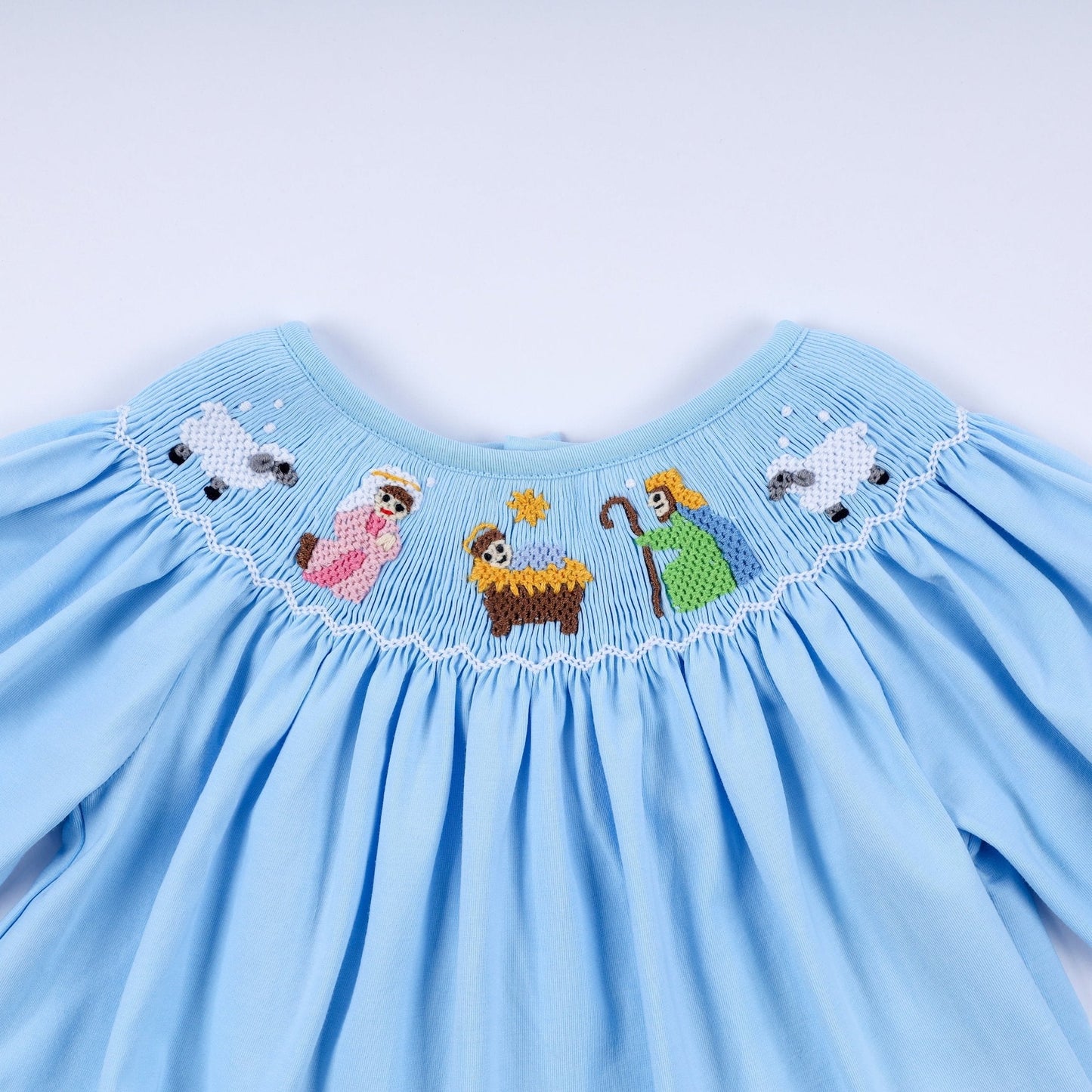 Blue nativity hand smocked bloomer set - Abbies Place