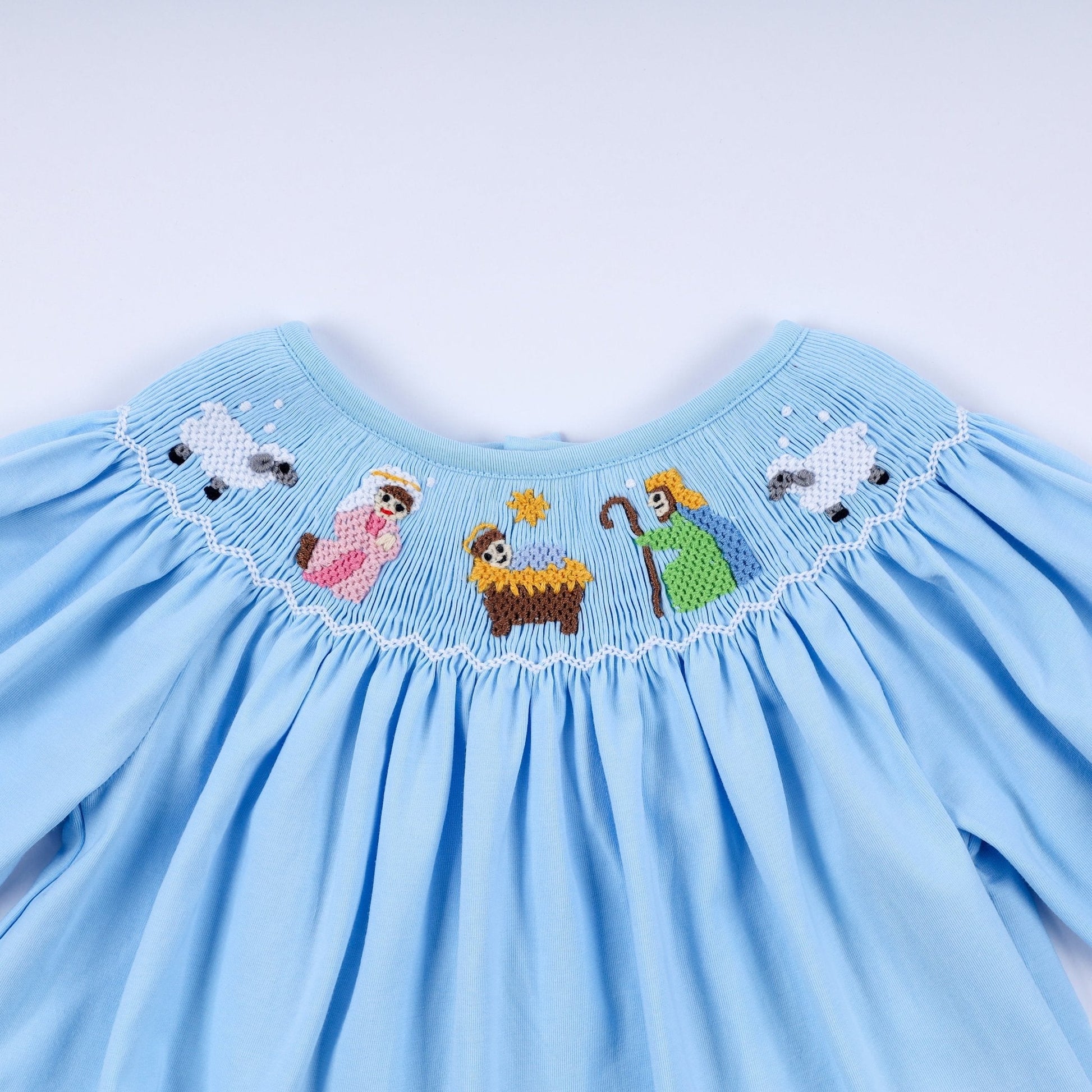 Blue nativity hand smocked bloomer set - Abbies Place
