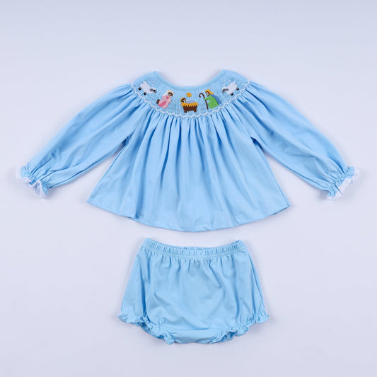 Blue nativity hand smocked bloomer set - Abbies Place