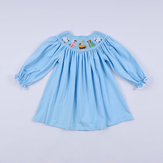 Blue nativity hand smocked dress - Abbies Place