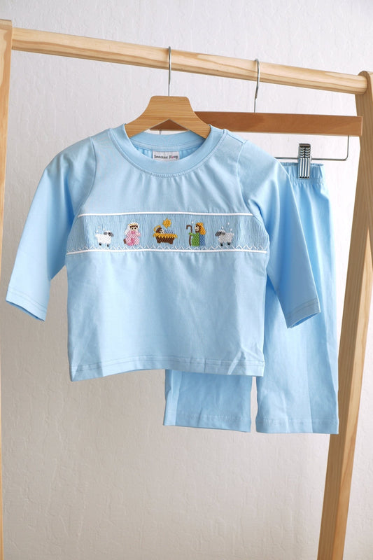 Blue nativity hand smocked pants set - Abbies Place