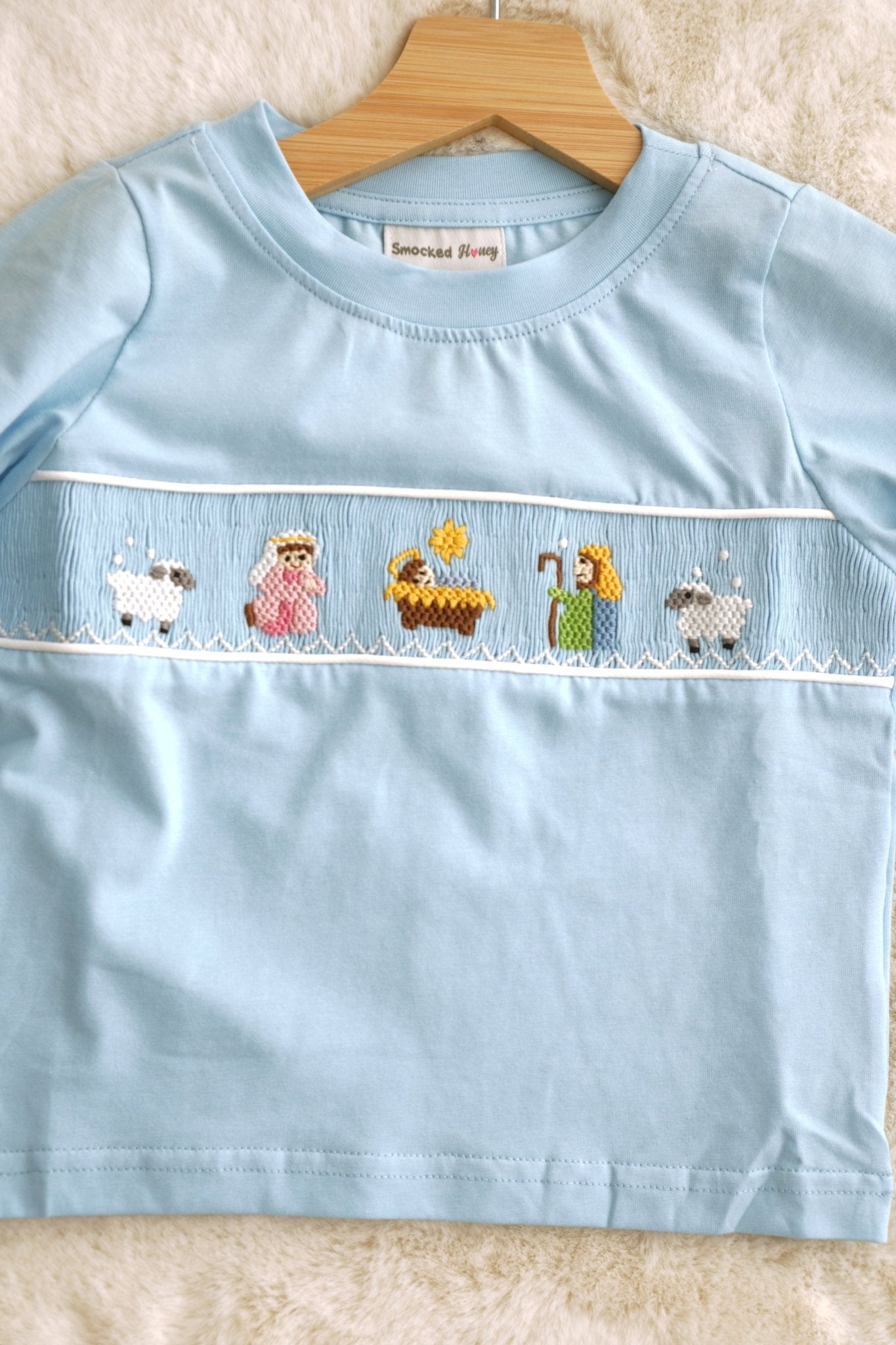Blue nativity hand smocked pants set - Abbies Place
