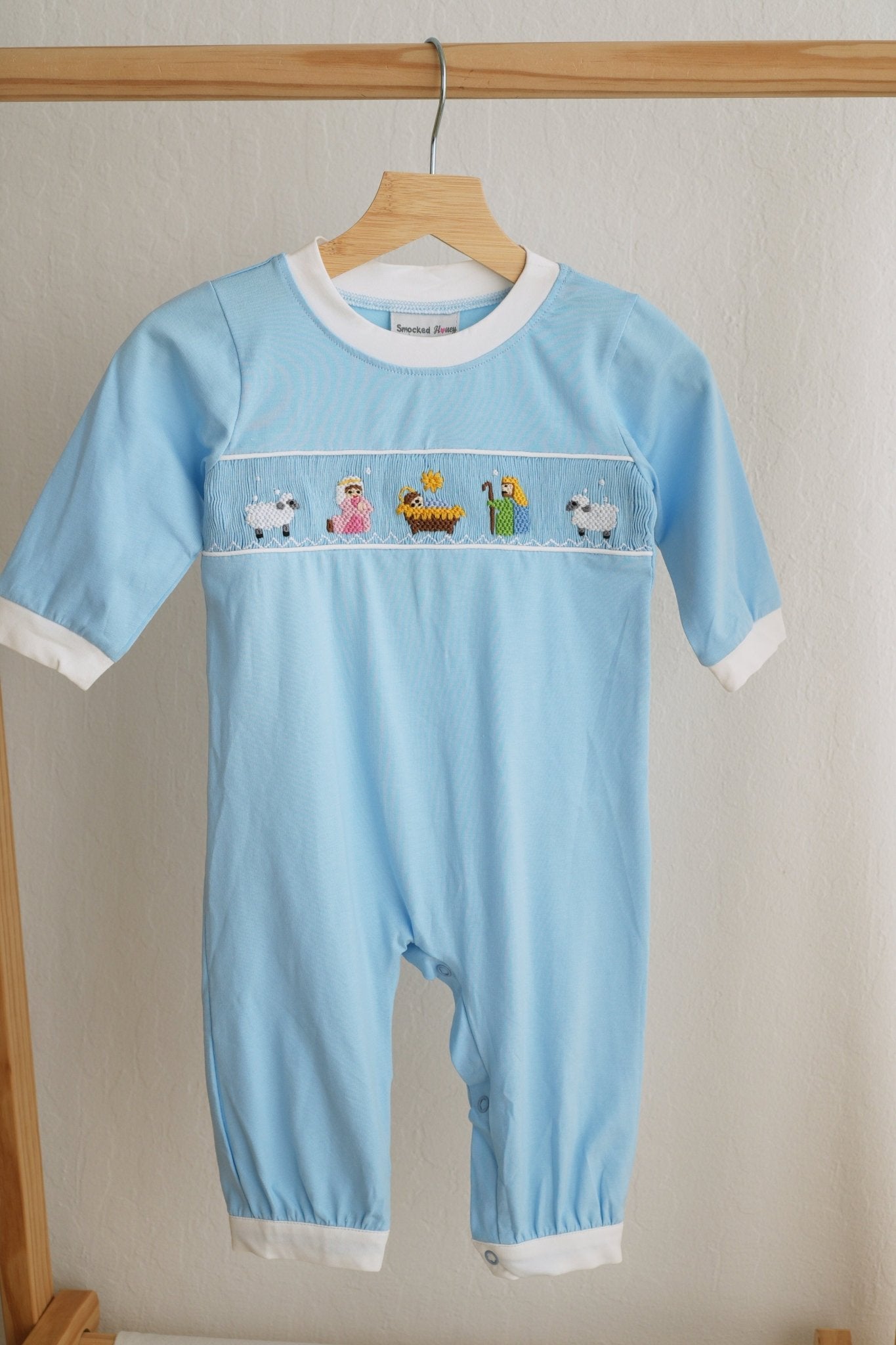 Blue nativity hand smocked romper - Abbies Place