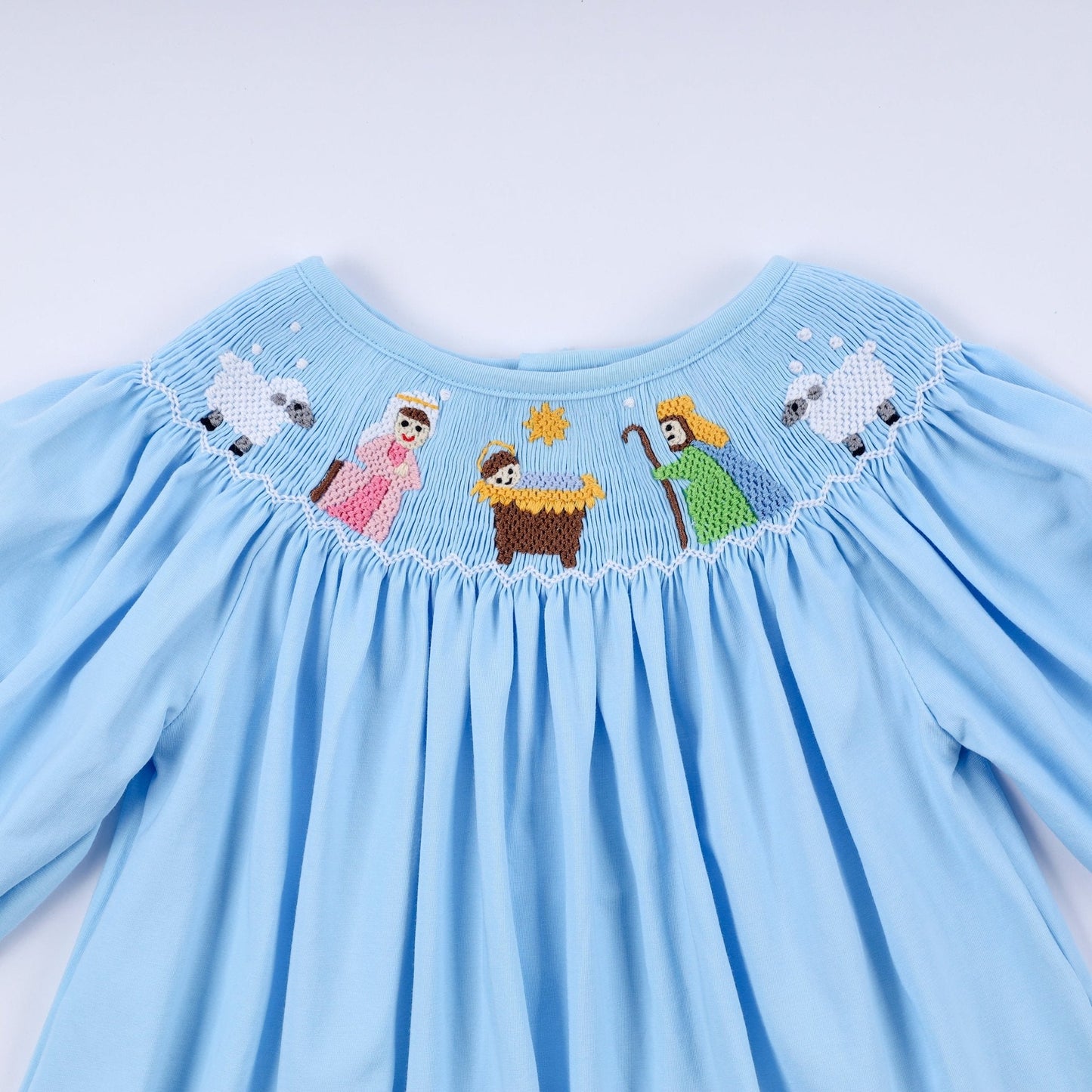 Blue nativity hand smocked ruffle pants set - Abbies Place