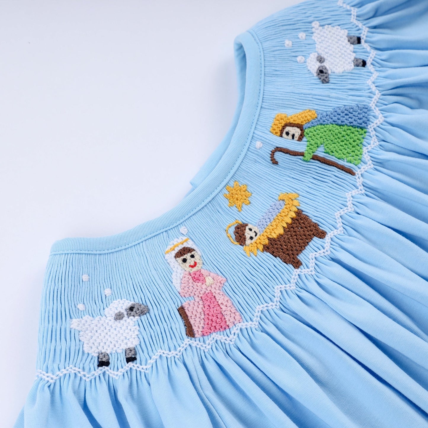 Blue nativity hand smocked ruffle pants set - Abbies Place