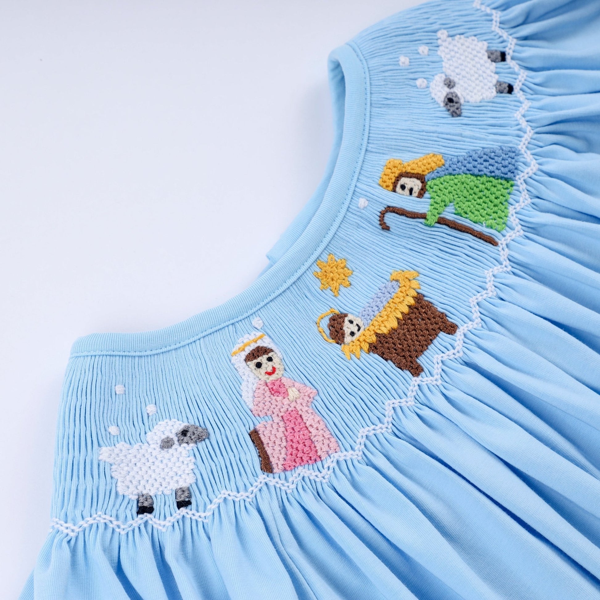 Blue nativity hand smocked ruffle pants set - Abbies Place