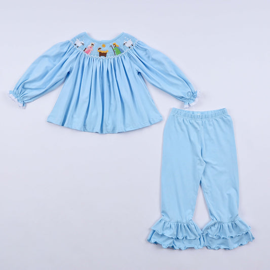 Blue nativity hand smocked ruffle pants set - Abbies Place