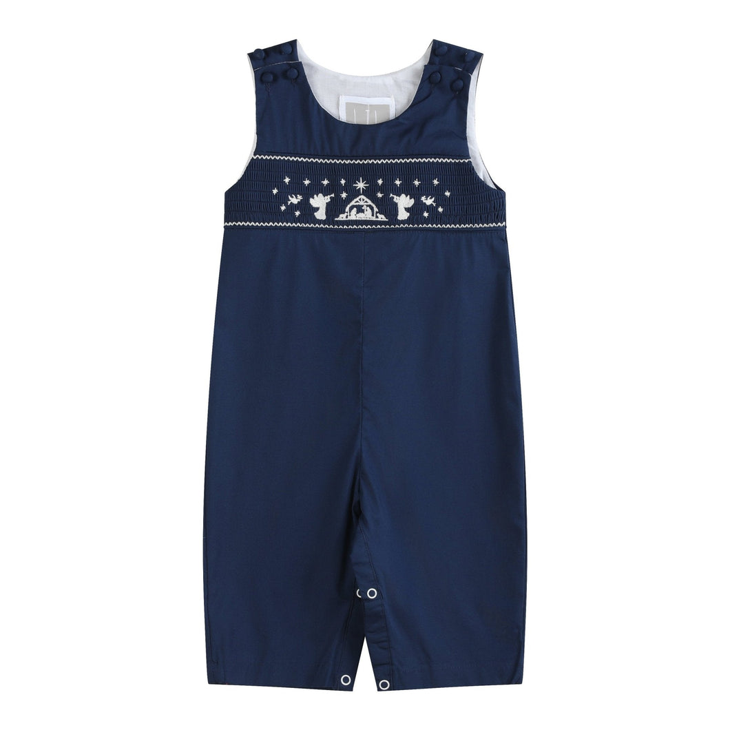 Blue Nativity Smocked Overalls