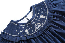 Load image into Gallery viewer, Blue Nativity Smocked Ruffle Bishop Dress
