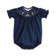 Load image into Gallery viewer, Blue Nativity Smocked Ruffle Romper
