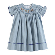 Blue Pinstripe Mallard Duck Smocked Bishop Dress