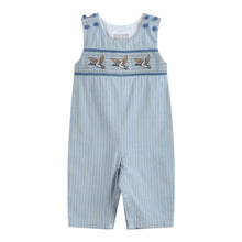 Load image into Gallery viewer, Blue Pinstripe Mallard Duck Smocked Overalls
