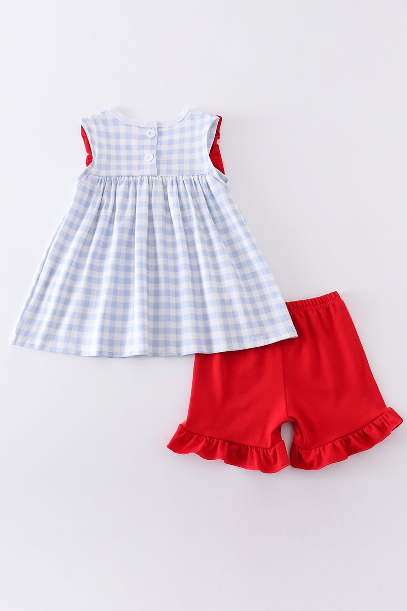 Blue plaid baseball embroidery girl set - Abbies Place