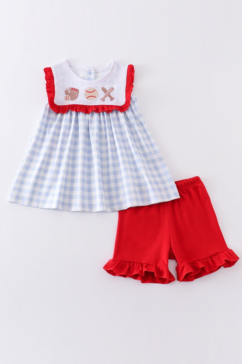 Blue plaid baseball embroidery girl set - Abbies Place