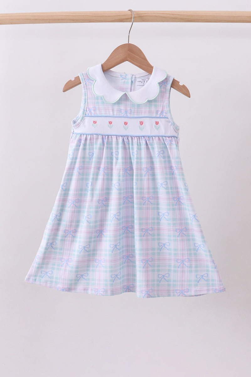 Blue plaid bow floral dress - Abbies Place