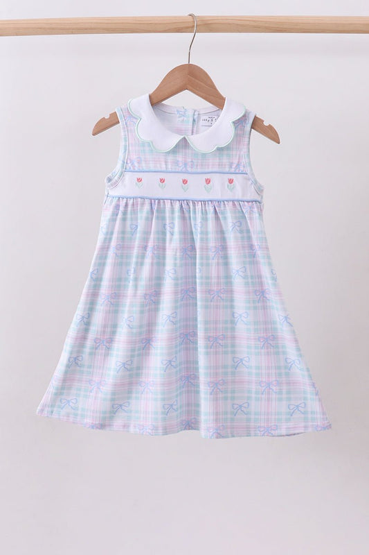 Blue plaid bow floral dress - Abbies Place
