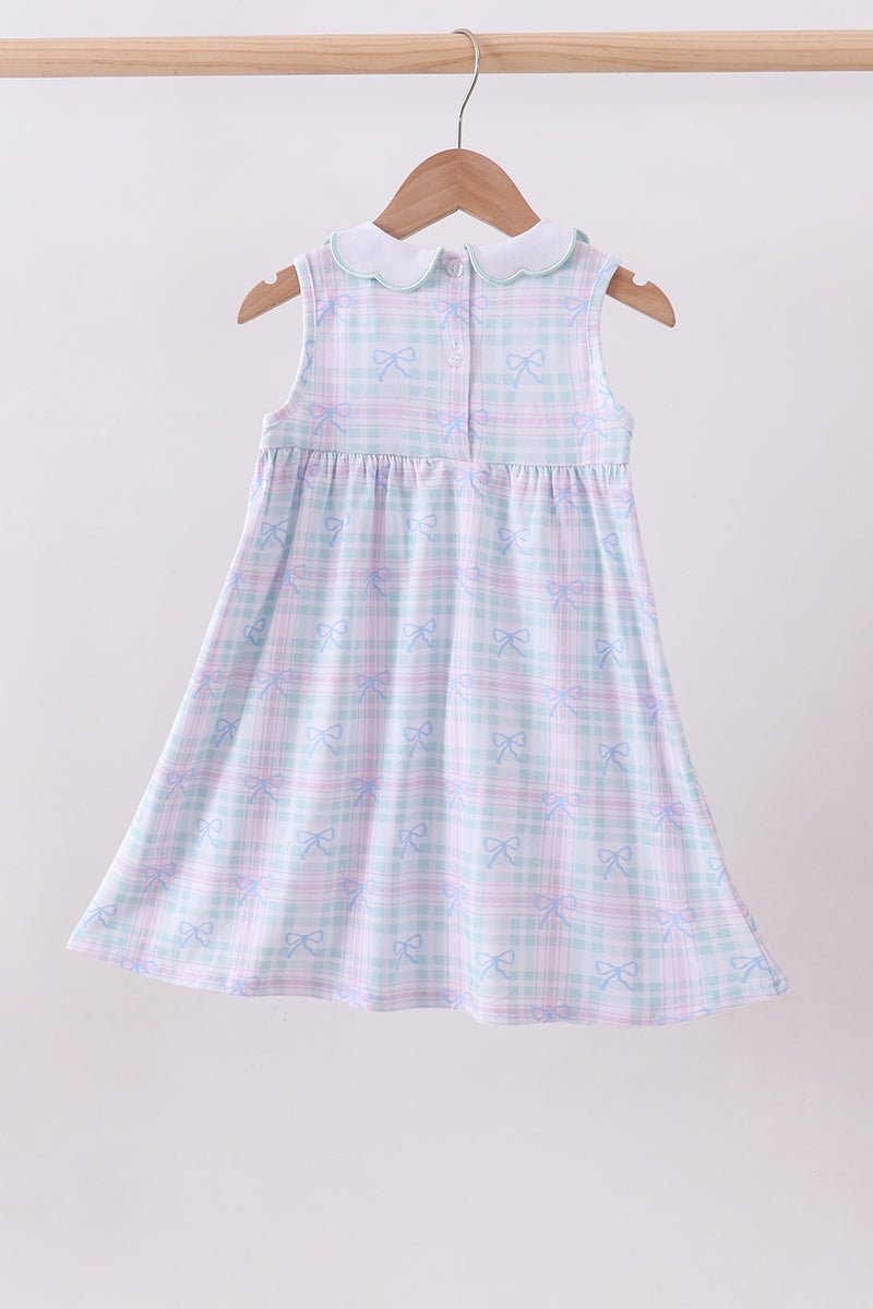 Blue plaid bow floral dress - Abbies Place