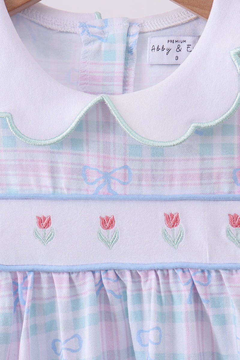 Blue plaid bow floral dress - Abbies Place